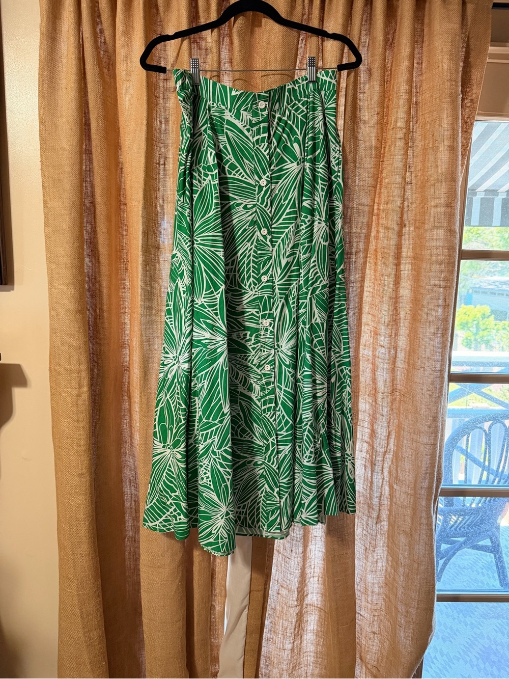 Women's Green Leaf-Print Maxi Skirt with Button Front